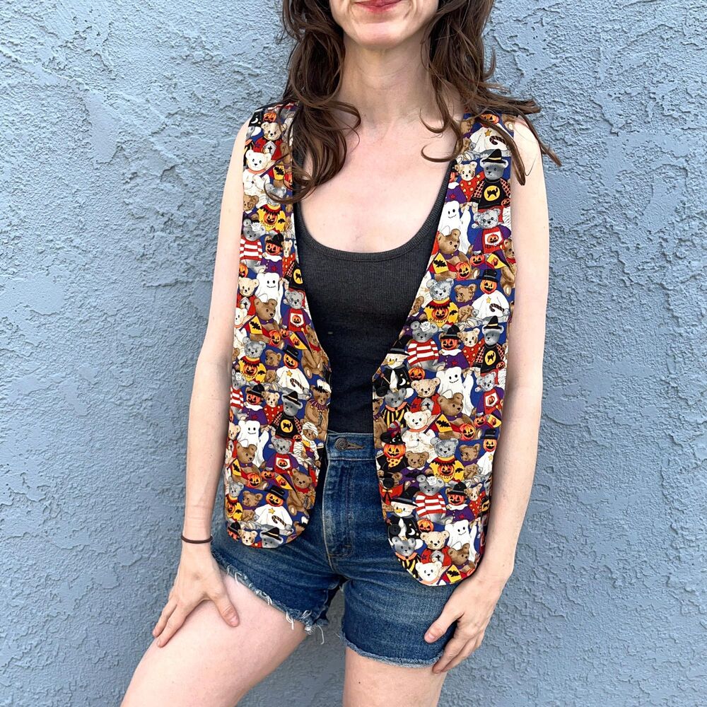 Vintage Halloween Vest Teddy Bear Novelty Print Womens large spooky girl